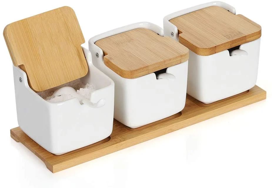 NEX Sugar Bowls, Set of 3 Ceramic Sugar Jar Containers with Bamboo Lid and Ceramic Spoon Seasonin... | Walmart (US)