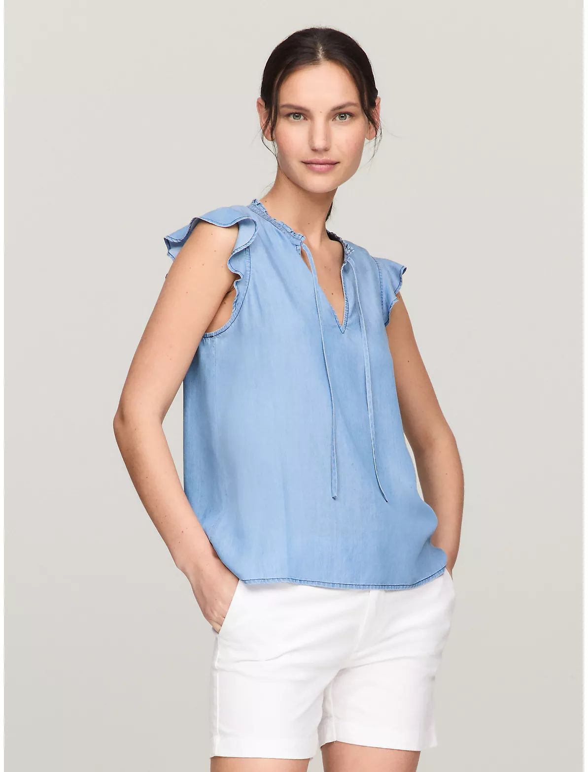 Chambray Flutter-Sleeve Ruffle Top | Tommy Hilfiger | Tommy Hilfiger (US)