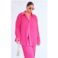 Plus Hot Pink Plisse Button Front Oversized Shirt | PrettyLittleThing CAN