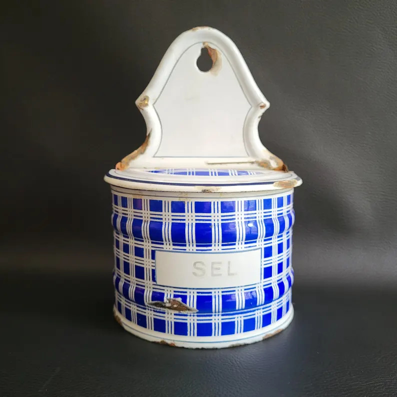 BB Brothers French Enamel Salt Cellar Checked Pattern White and Blue Coarse Salt Cellar SEL in Bl... | Etsy (US)