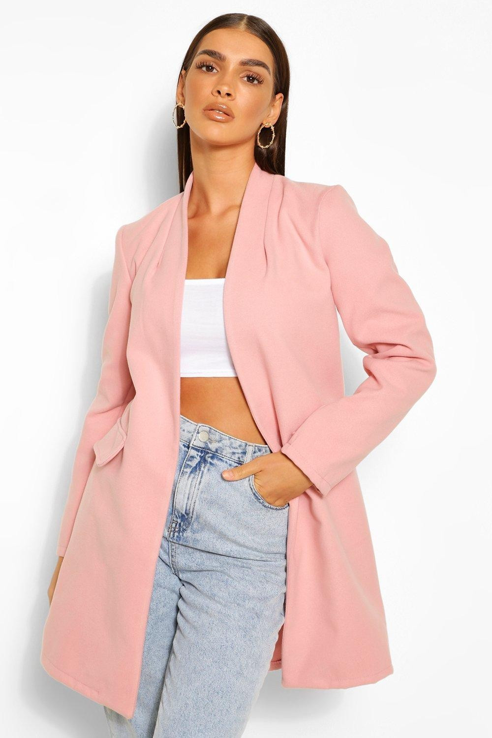 Womens Collarless Wool Look Coat - Pink - 10 | Boohoo.com (US & CA)