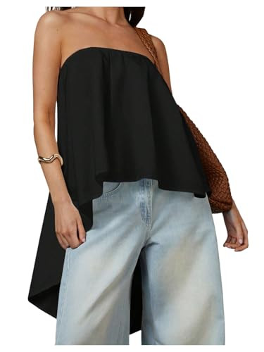 SweatyRocks Women's Asymmetrical High Low Tube Tops Open Back Strapless Flowy Bandeau Blouses | Amazon (US)