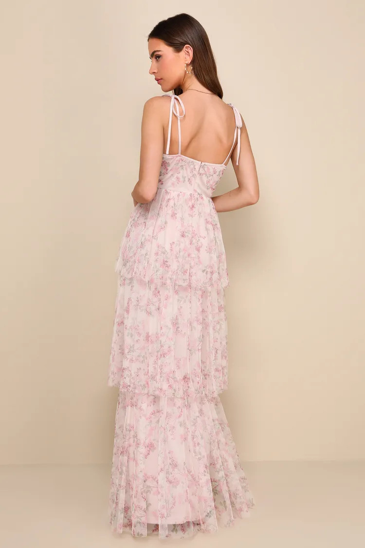 Blissfully Gorgeous Blush Floral Tie-Strap Bustier Maxi Dress | Lulus