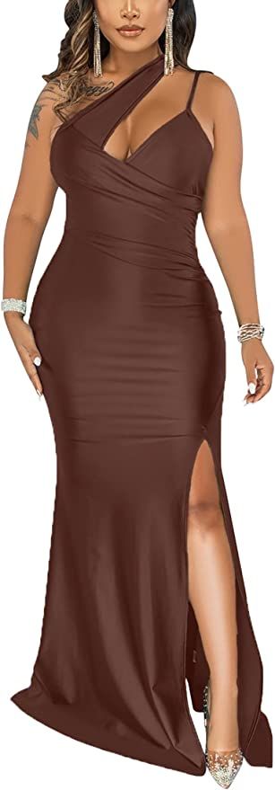 Kafiloe Women Sexy Elegant Long Dress One Shoulder Hollow Out Slimming Ruched Dress Sleeveless Si... | Amazon (US)
