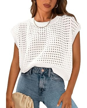 PRETTYGARDEN Women's Summer Crochet Cap Sleeve Sweater Tops | Cute Trendy Lightweight Knit Crop T... | Amazon (US)