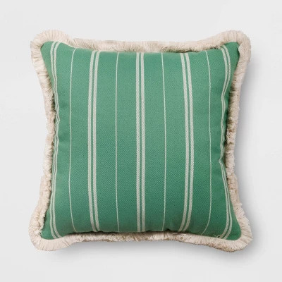 20"x20" Striped Fringe Edge Square Outdoor Throw Pillow Green - Threshold™ designed with Studio... | Target