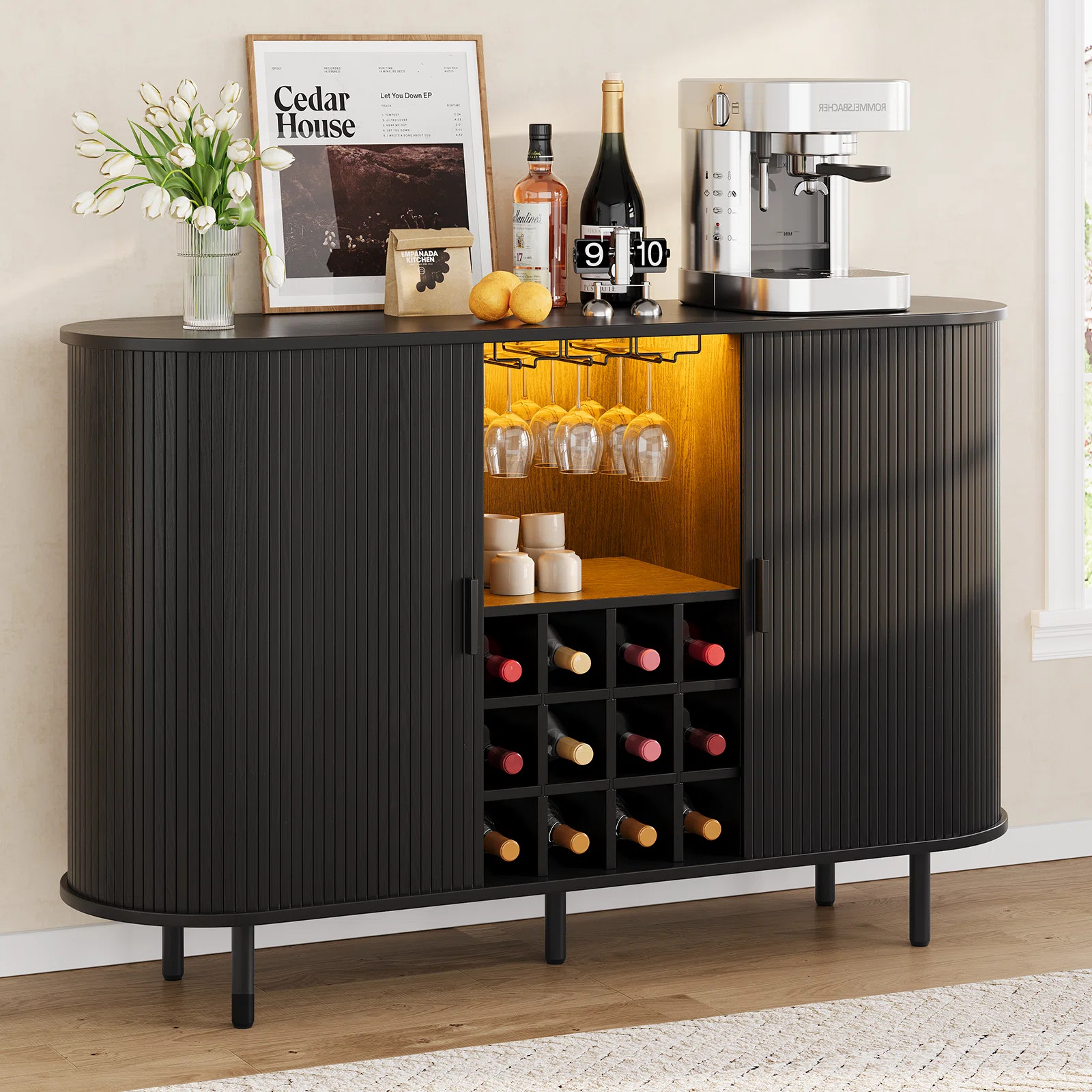 54.6'' Modern Bar Cabinet With Adjustable Shelves & RGB Lights, Wine Cabinet With Wine Glass Hold... | Wayfair North America
