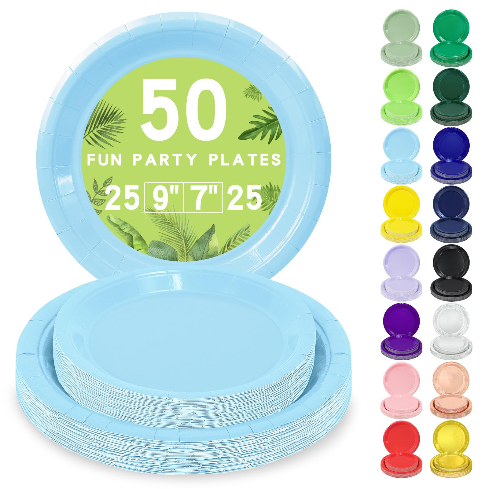 LANLISA 50 Light Blue Paper Plates Disposable, 25-9" & 25-7" Disposable Birthday Cake Dessert Pla... | Amazon (US)