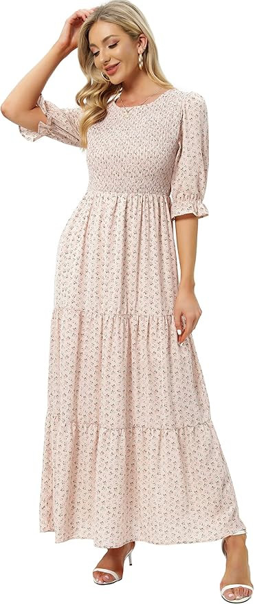 SHUQI Women's Summer Floral Maxi Dress Casual Empire Waist Ruffle Sleeve Long Dresses | Amazon (US)
