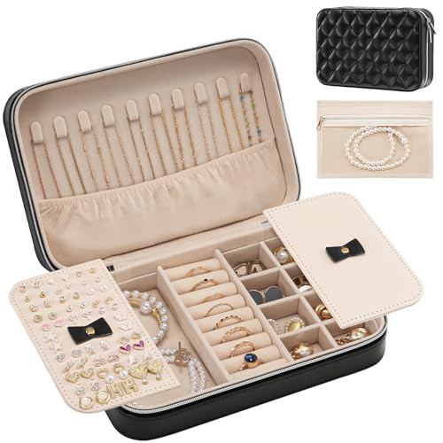 Lolalet Travel Jewelry Case for Women Girls, Travel Jewelry Organizer Box with Mirror & Clear Storage Bag, Small Portable Earring Necklace Bracelet Ring Case, Birthday Valentine Gifts -Medium, Black | Amazon (US)
