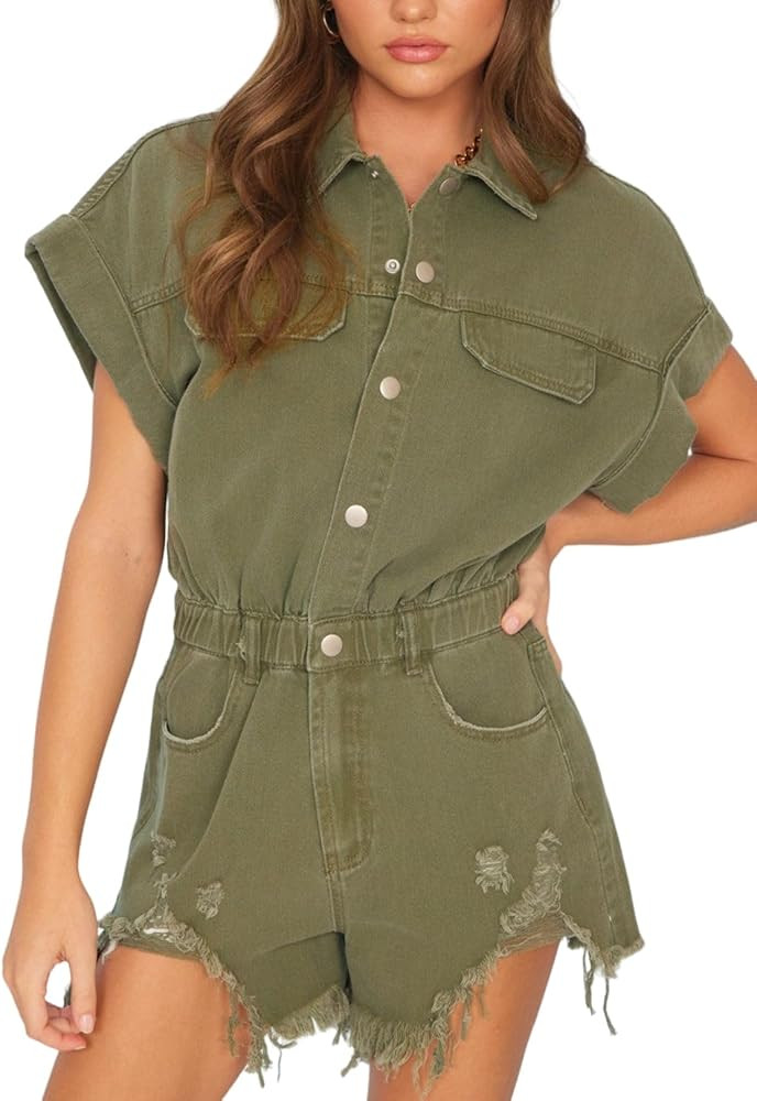 Women's Distressed Denim Romper Short Cuffed Sleeve Jean Jumpsuit Collared Ripped Frayed Shortall... | Amazon (US)