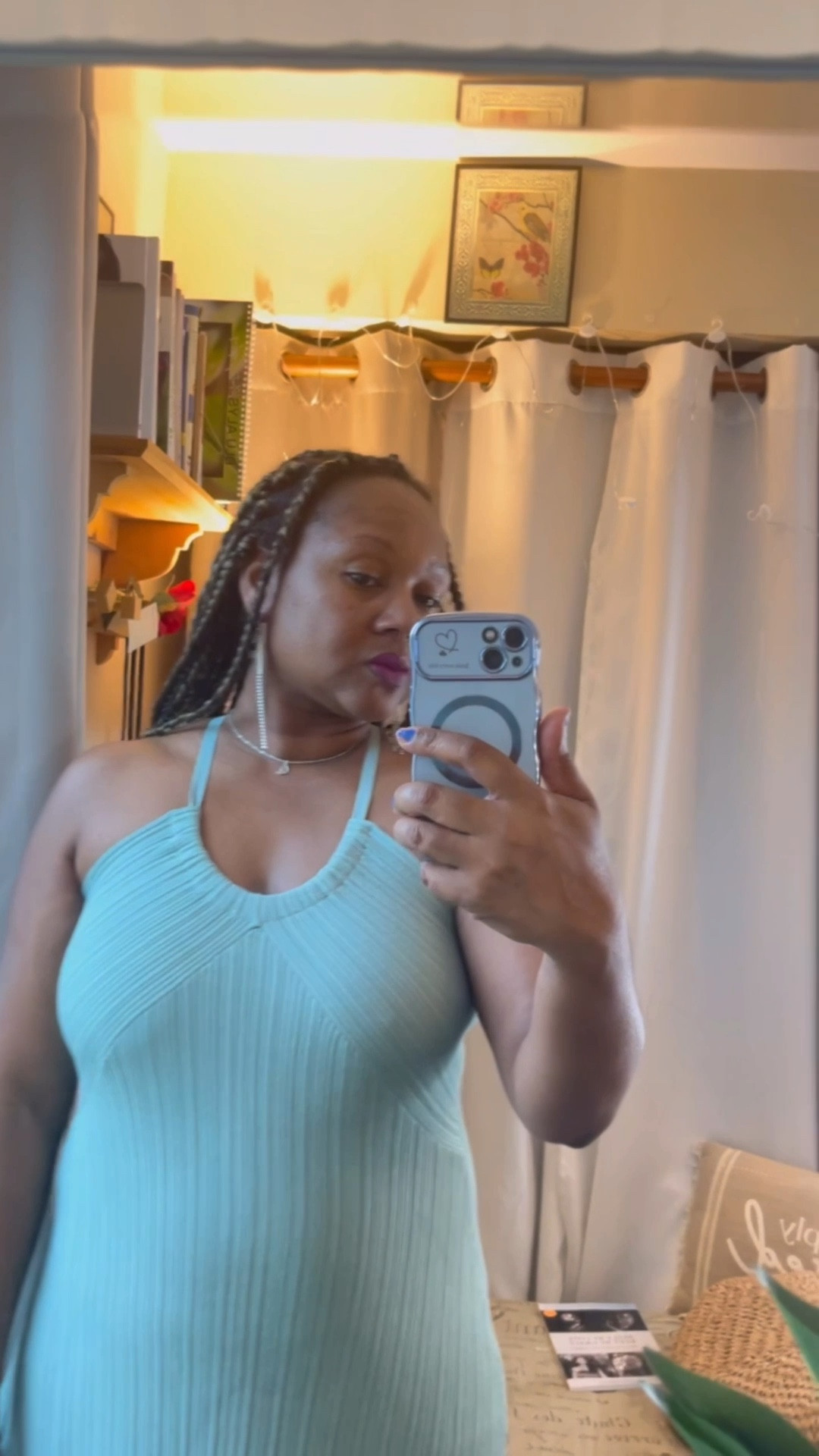 Women's adjustable halter v-neck dress in the color Celadon Green with initial rhinestone earrings and a handwoven straw bag! Also wearing an initial dainty necklace! Dracaena silk plant in the background 

#LTKFindsUnder50 #LTKMidsize #LTKOver40