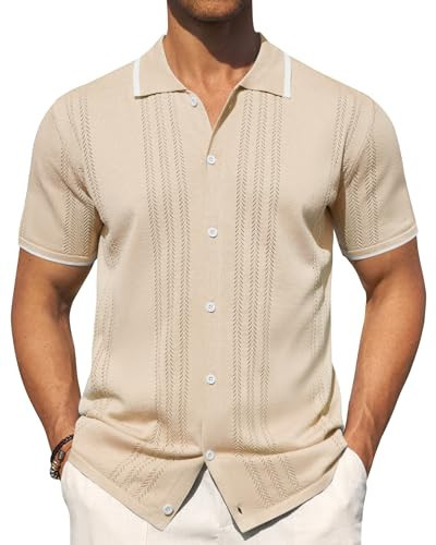 Alimens & Gentle Mens Cream Button Down Shirt Knit Textured Short Sleeve Shirt Summer Vacation Vintage Shirts L | Amazon (US)