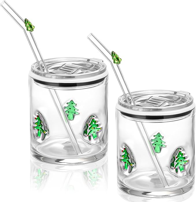 Patelai 2 Pcs Christmas Tree Icon Glasses Cups with Lids and Straws 15oz Reusable Drinking Iced C... | Amazon (US)