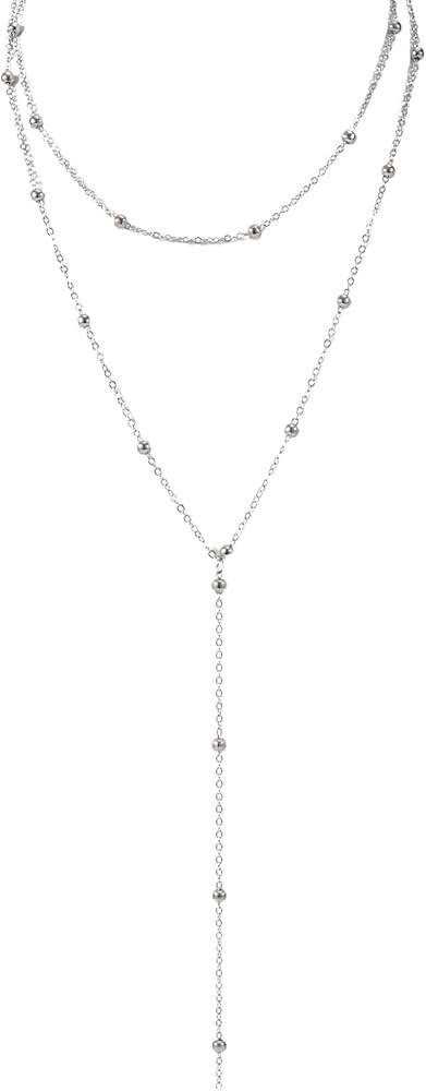 Long Layered Necklace for Women, Trendy Lariat Y-Shaped Drop Necklaces Simple Beaded Chain Pendan... | Amazon (US)