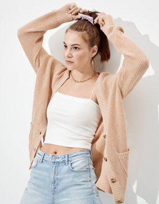 AE Oversized Side Slit Button Up Cardigan | American Eagle Outfitters (US & CA)