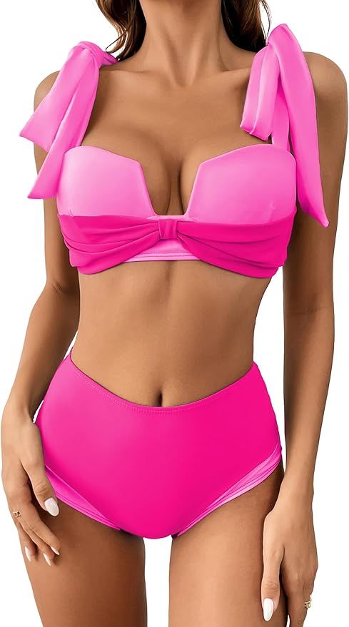 SPORLIKE Women Two Pieces Bikini Shoulder Straps Tie Swimsuit Molded Cup Bathing Suit | Amazon (US)
