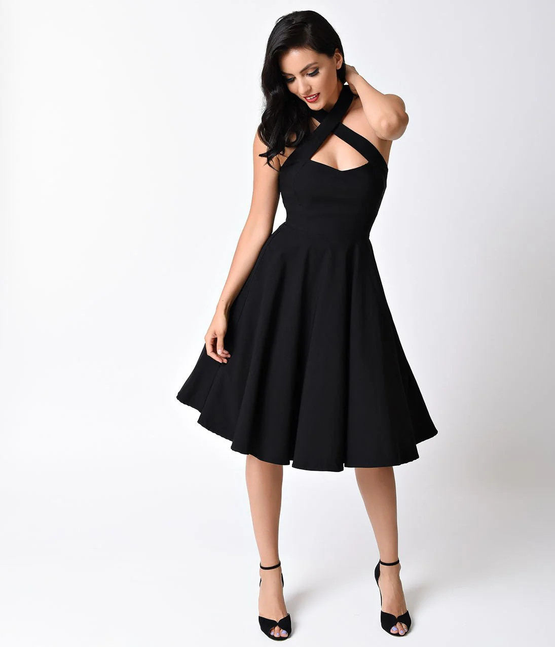 Unique Vintage Rita 1950s Pin-Up Style Black Halter Dress | Unique Vintage - North America