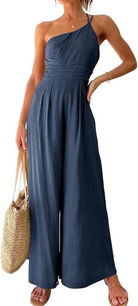 SEARIPE Women Summer Casual Loose Rompers Spaghetti Strap One Piece High Waist Wide Leg Jumpsuit One | Amazon (US)