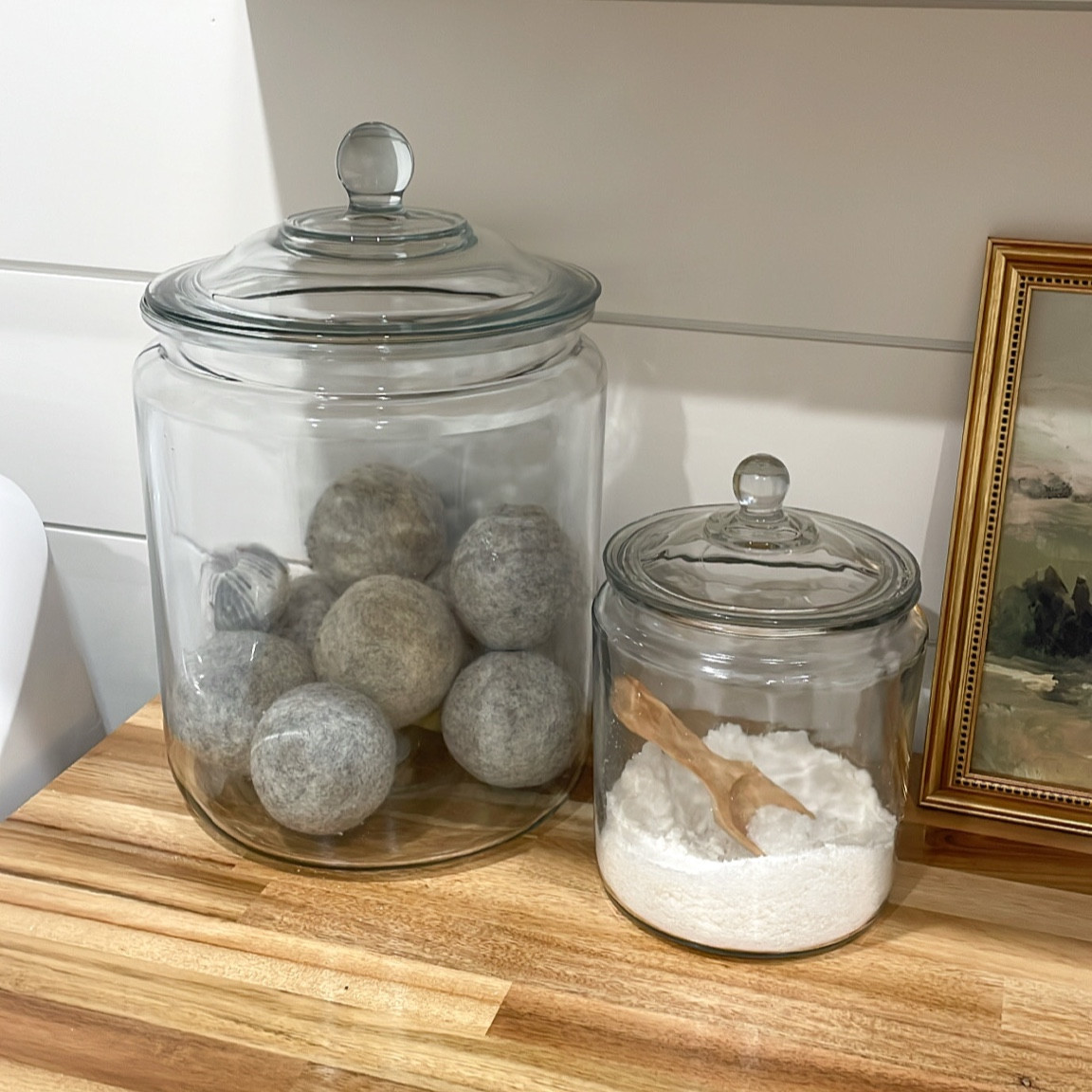 Laundry organizing, laundry organization, glass jar storage, large glass jar is $14 and the smaller one is $6 🙌🏻

#LTKstyletip #LTKhome