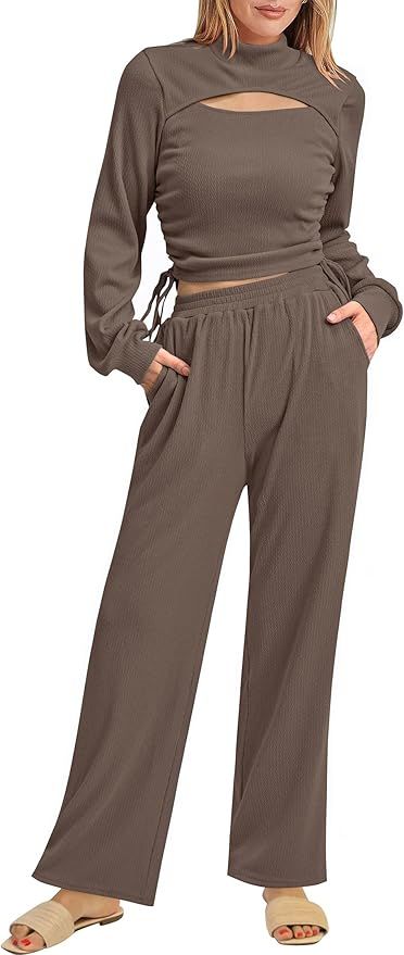 KIRUNDO Women 2 Piece Outfits Sets Tracksuit Fall Long Sleeve Knit Cutout Crop Tops Wide Leg Pant... | Amazon (US)