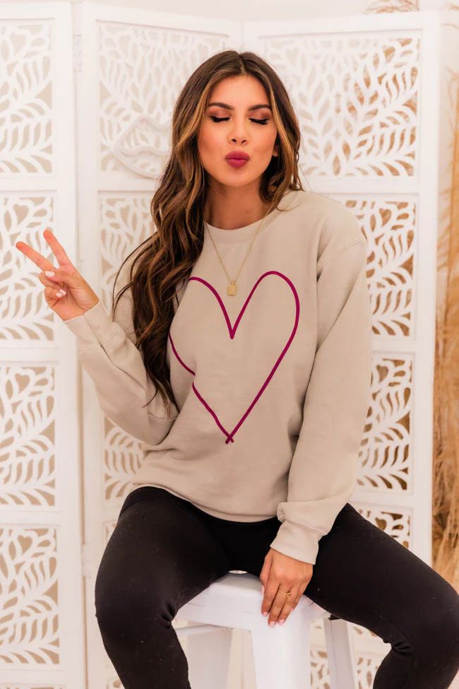 Heart Outline Graphic Sand Sweatshirt | The Pink Lily Boutique