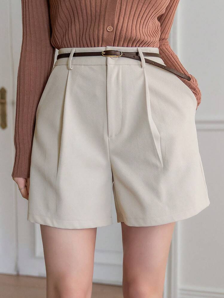 DAZY Shorts Retos De Cintura Alta De Cor Sólida Femininos Com Bolsos Inclinados E Pregas, Verão | SHEIN
