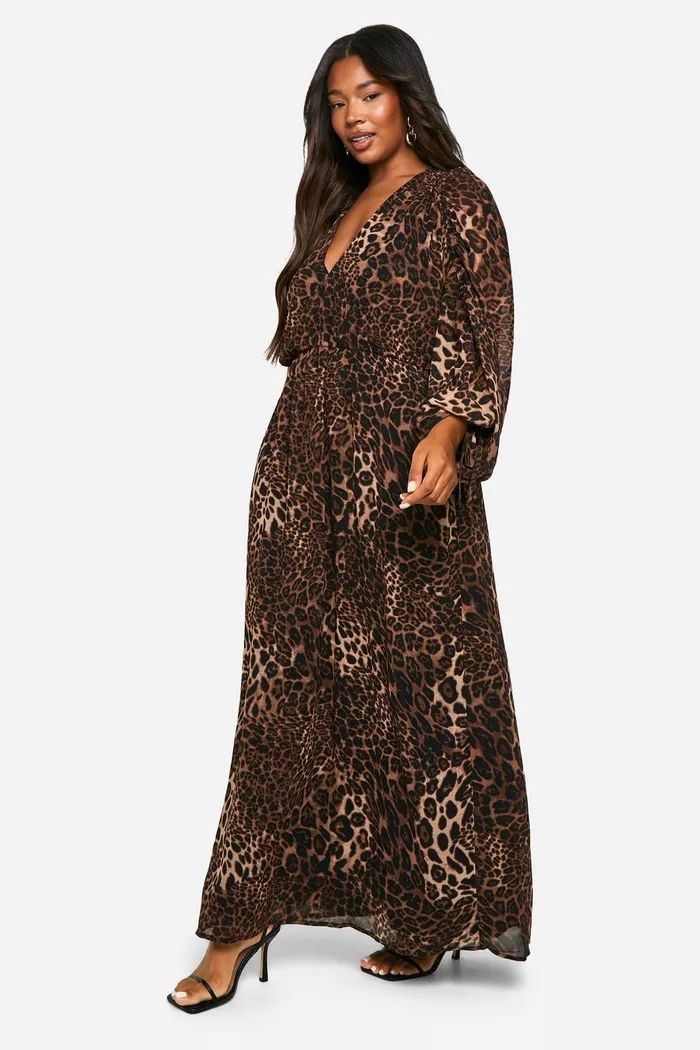 Plus Leopard Ruched Blouse Sleeve Maxi Dress | boohoo (US & Canada)