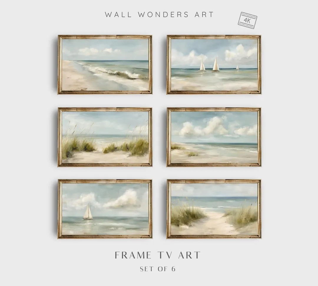 Vintage Coastal Frame TV Art Set of 6, Neutral Ocean Landscape Painting, Beach House Decor, Digit... | Etsy (US)