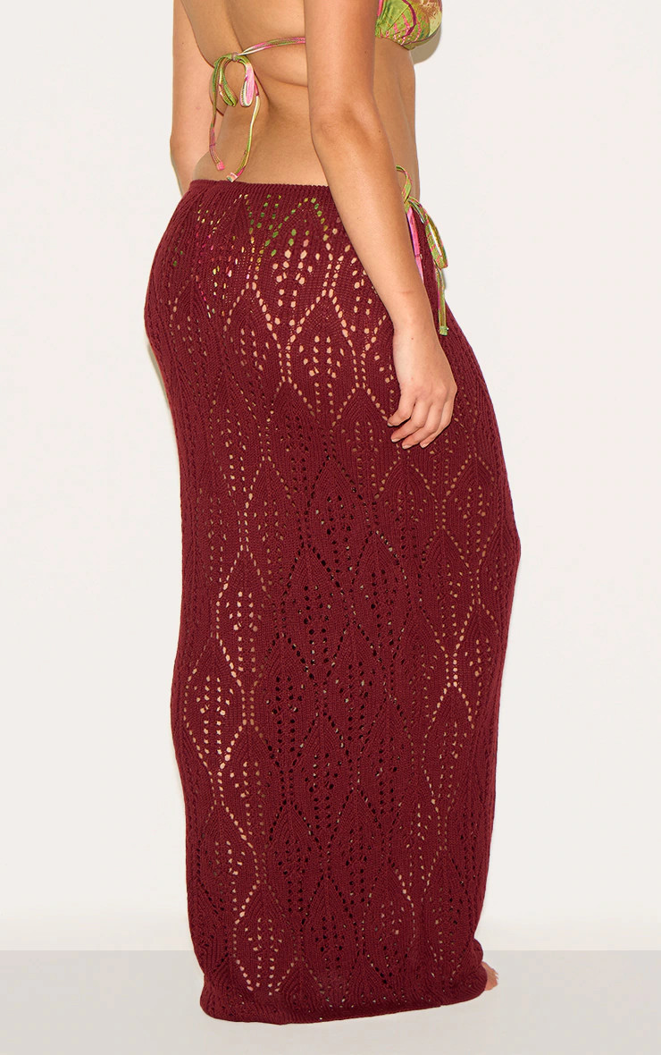 Plus Burgundy Crochet Maxi Knot Detail Beach Skirt | PrettyLittleThing UK