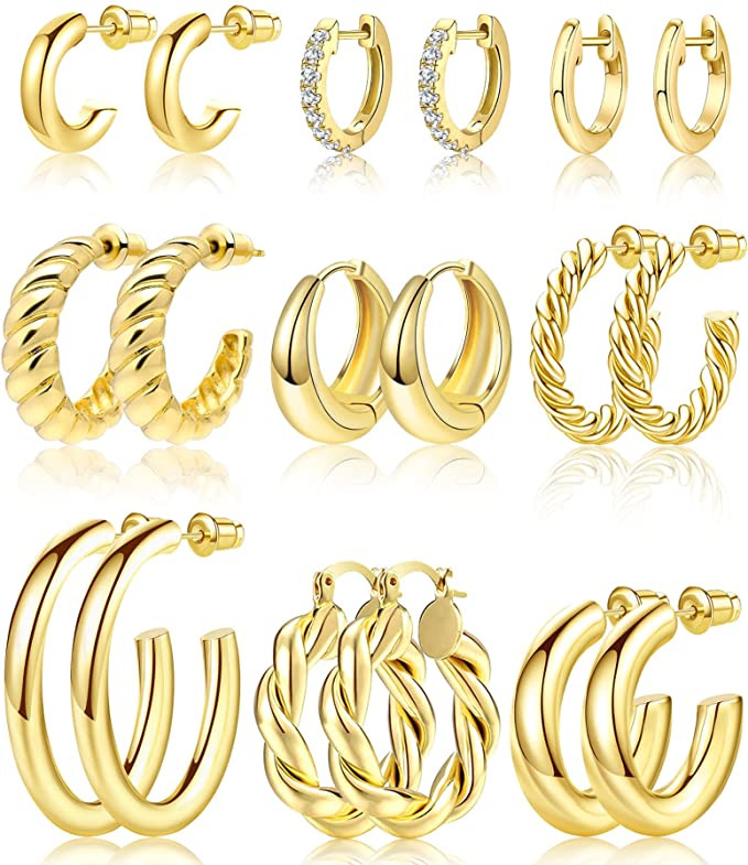Adoyi 9 Pairs Gold Hoop Earrings Set for Women Gold Twisted Huggie Hoops Earrings 14K Plated for ... | Amazon (US)