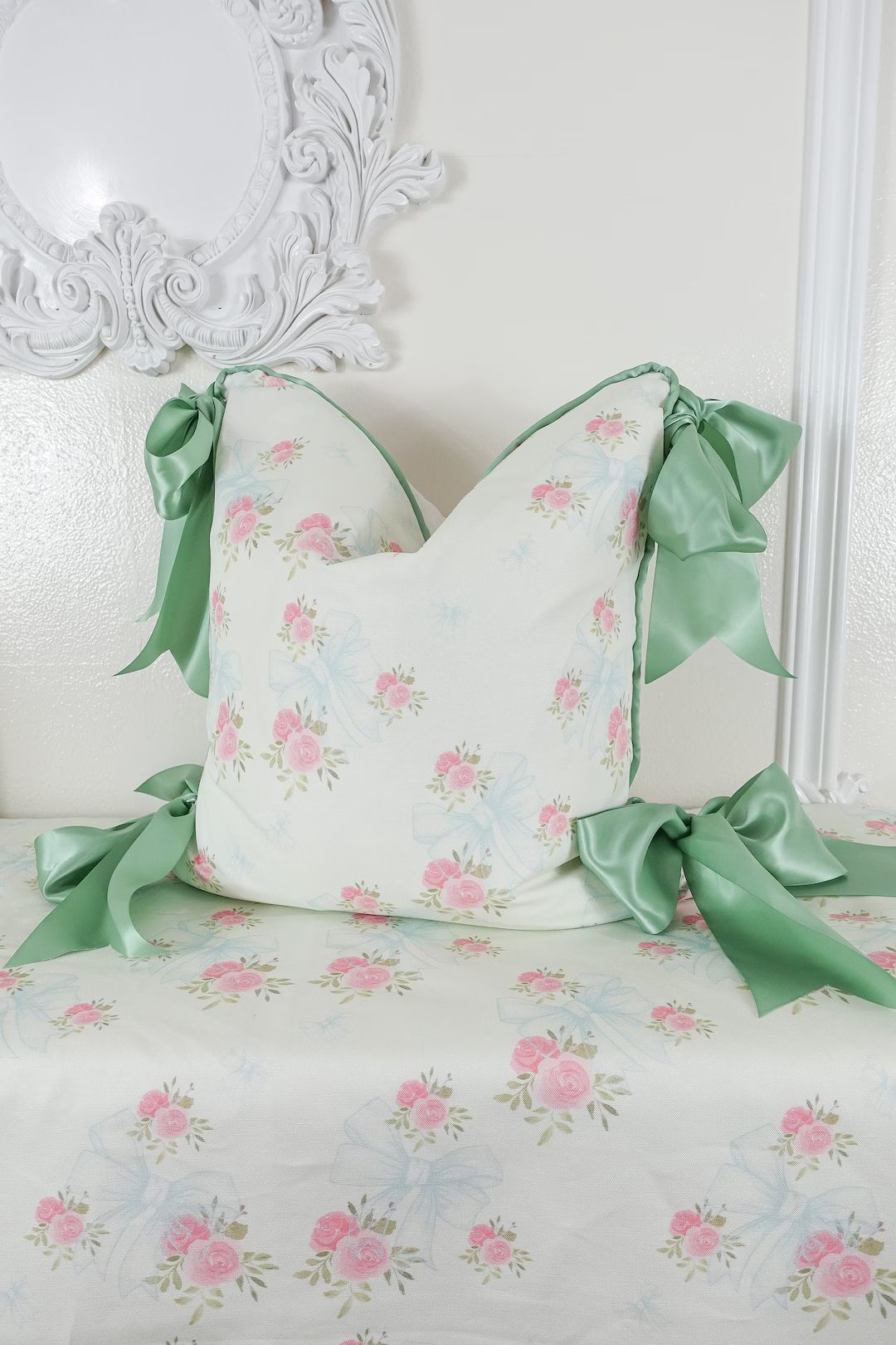 Elle, Large Bow Green Shabby Chic Pillow Cover Creamy Satin Backing- Reversible Pillow Cover, The... | Etsy (US)