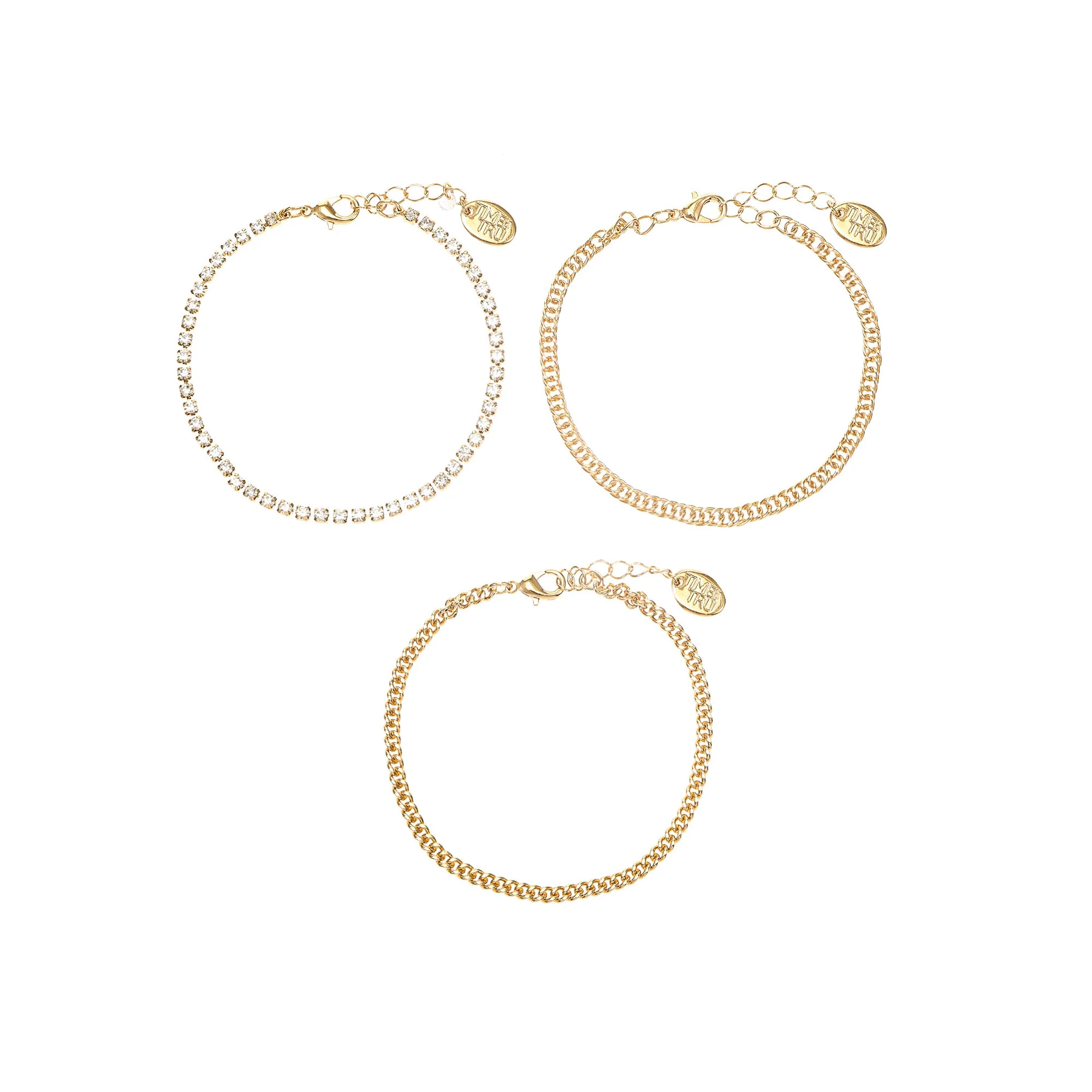 Time and Tru Gold Tone and Cubic Zirconia Link and Tennis Bracelet Set, Gold Tone, 7.5, 3-Piece | Walmart (US)