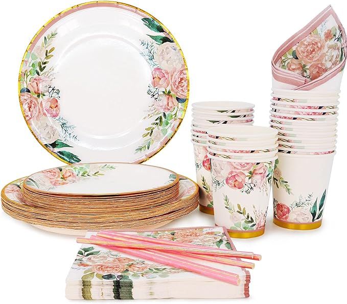 Floral Party Supplies paper plates and Napkins Sets for 24 Guest-Include Floral Party Disposable ... | Amazon (US)
