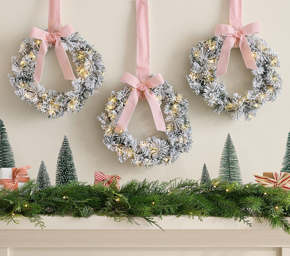 Pink Flocked Light-Up Mini Christmas Wreaths, Set of 3 | Pottery Barn Kids