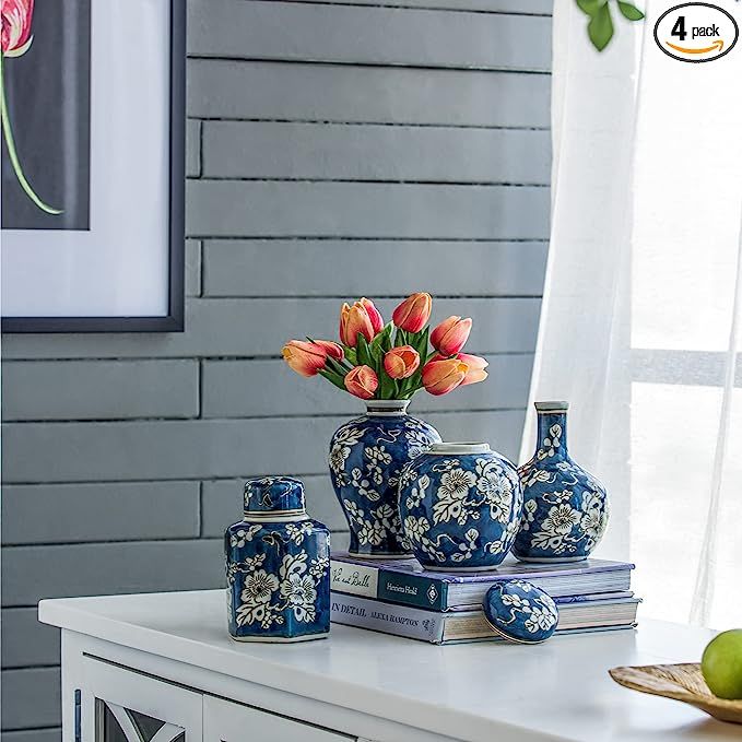 A&B Home Blue and White Ceramic Jar Set of 4 - Hand Painted Floral Pattern, Blue Vases with Lids,... | Amazon (US)