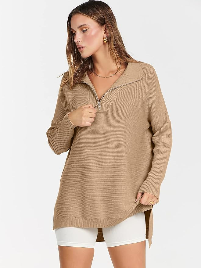 ANRABESS Women's 2022 Long Sleeve 1/4 Zipper V Neck Collar Oversized High Low Slit Side Knit Tuni... | Amazon (US)