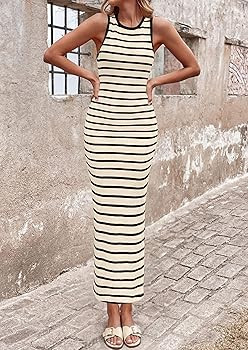 PRETTYGARDEN Sundresses for Women 2026 Summer Striped Knit Side Slit Spring Fashion Bodycon Maxi ... | Amazon (US)