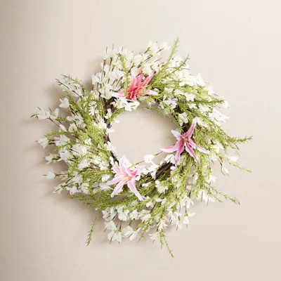 24" Artificial Farmhouse Spring Summer Floral Wreath For Front Door Greenery Foliage Faux Forsythia Lily Wedding Party Home Wall Decor | Wayfair North America