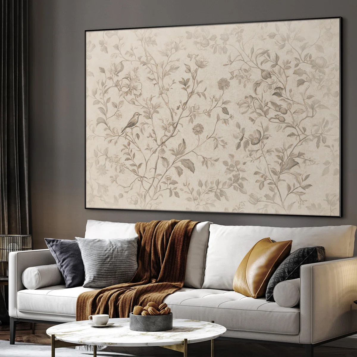 Extra Large Wall Art Fabric Print - Vintage Botanical Floral Drawing with Bird Artwork Decor for ... | Wayfair North America