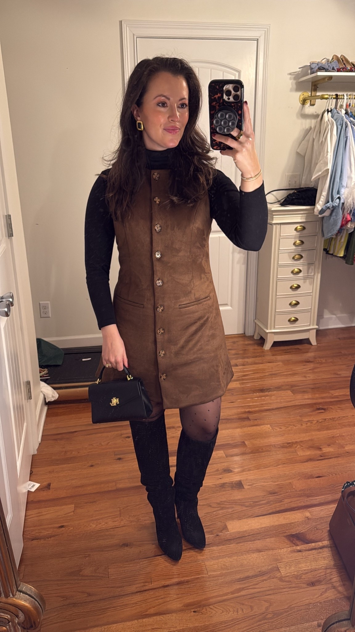 Thanksgiving outfit
Date night outfit

Suede button up dress - M
Black small Ralph Lauren bag
Black suede knee high boots 
Black sheer Polka dot stockings, tights 

#LTKStyleTip #LTKFindsUnder50 #LTKHoliday