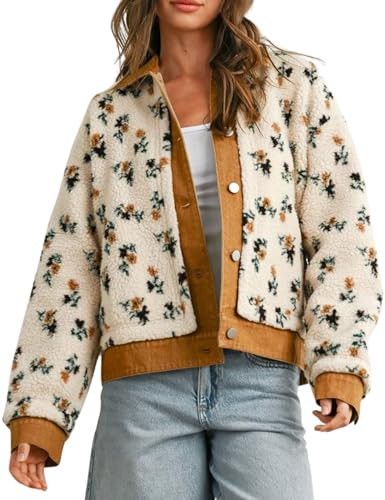 Meyhad Women's Floral Sherpa Jacket Open Front Denim Collar Fleece Jackets Oversized Outerwear with Pockets(1011-Brown-XL) | Amazon (US)