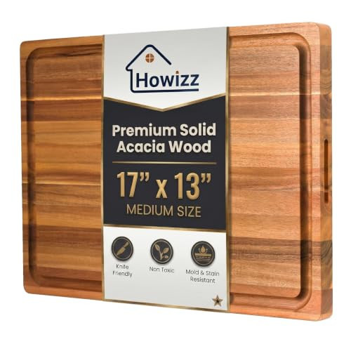 Howizz Solid Acacia Wood 17"x13" Cutting Board, Extra Thick Edge Grain Butcher Block For Kitchen, Non Toxic Pre-Oiled Carving Board, Juice Grooves and Easy Grip Handle, Thick 1.5" Gift-Ready Box | Amazon (US)