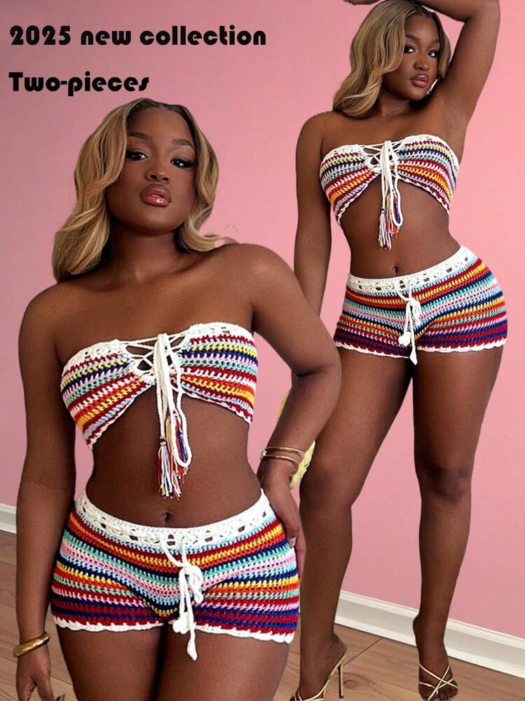 Slaydiva Summer Beach Vacation Colorful Stripe Tie-Up Crochet Halter Top And Tight Mini Shorts Cr... | SHEIN