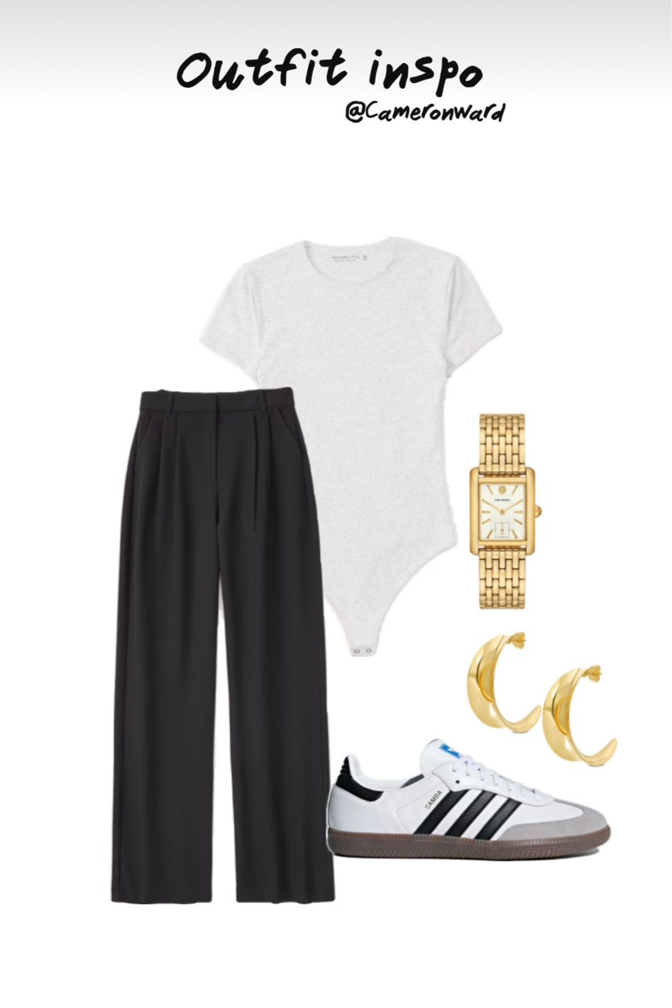 Wide leg pants, bodysuit, adidas sambas, gold watch 

#LTKStyleTip #LTKShoeCrush #LTKSeasonal