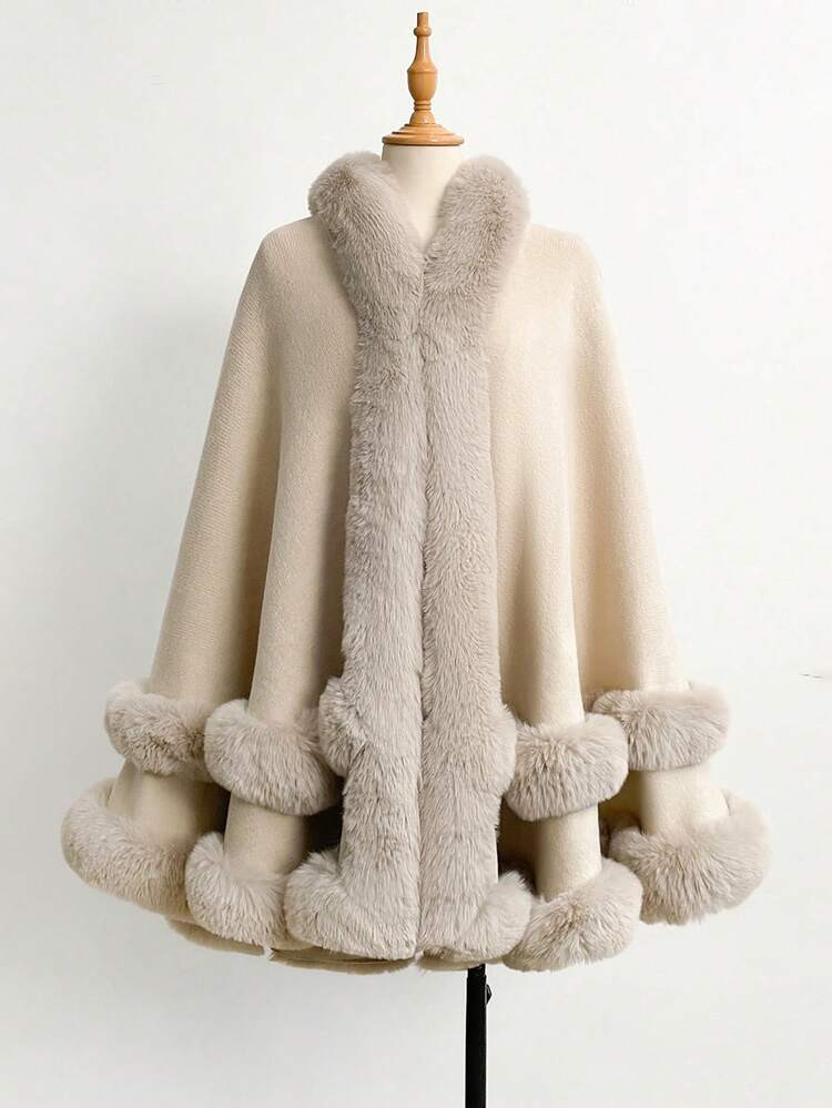 1pc Elegant Solid Color Faux Rabbit Fur Collar Hooded Knitted Cape Poncho For Women, Fashion Vers... | SHEIN