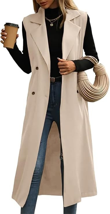 IDEALSANXUN Womens Long Vest Casual Double Breasted Sleeveless Trench Coat Jackets | Amazon (US)