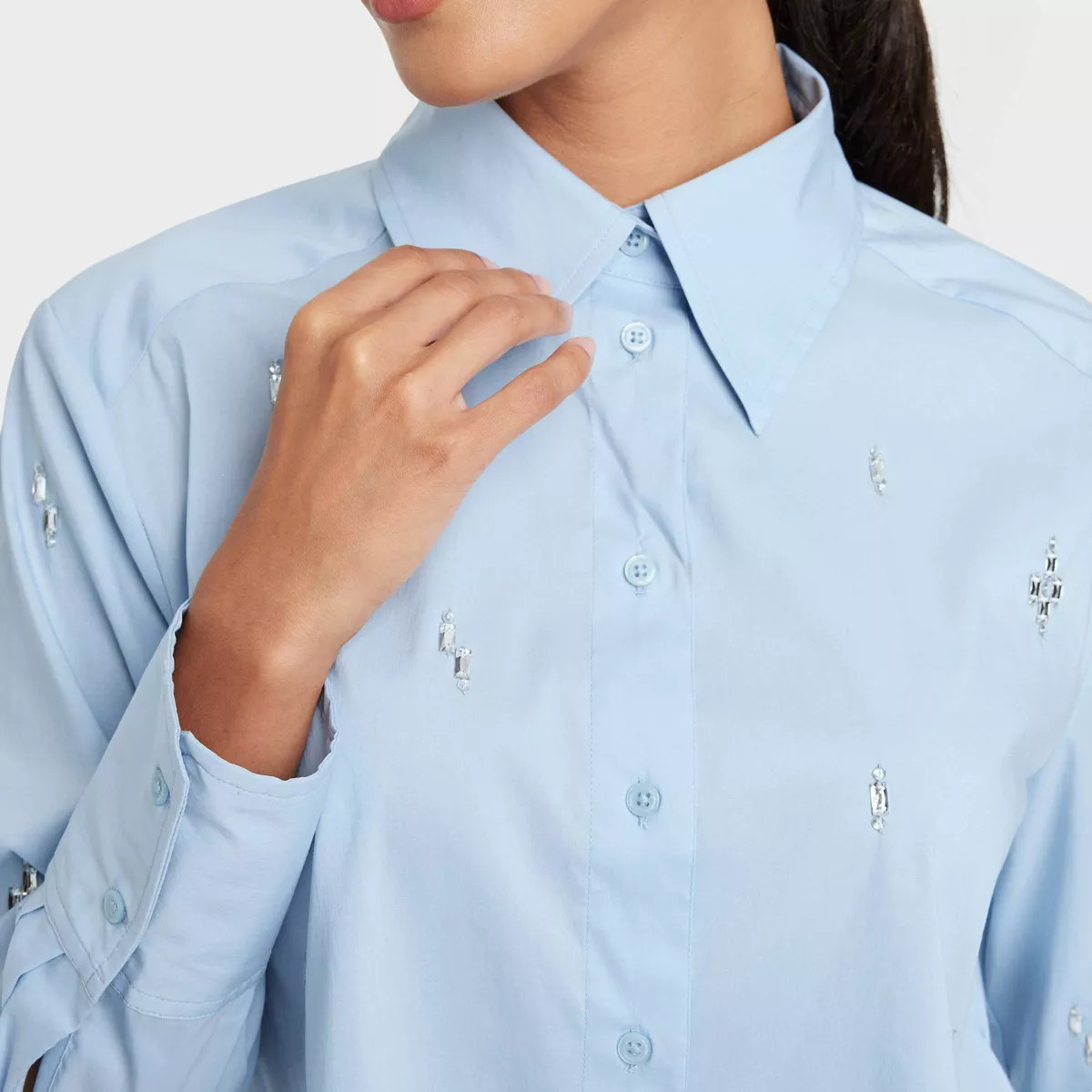 Women's Long Sleeve Embellished Collared Button-Down Shirt - A New Day™ Blue XL | Target