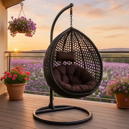 SUDICA Outdoor Egg Swing Chair with Stand, Black Rattan Wicker Hanging Chair with Cushion for Patio, Balcony, Garden | Walmart (US)