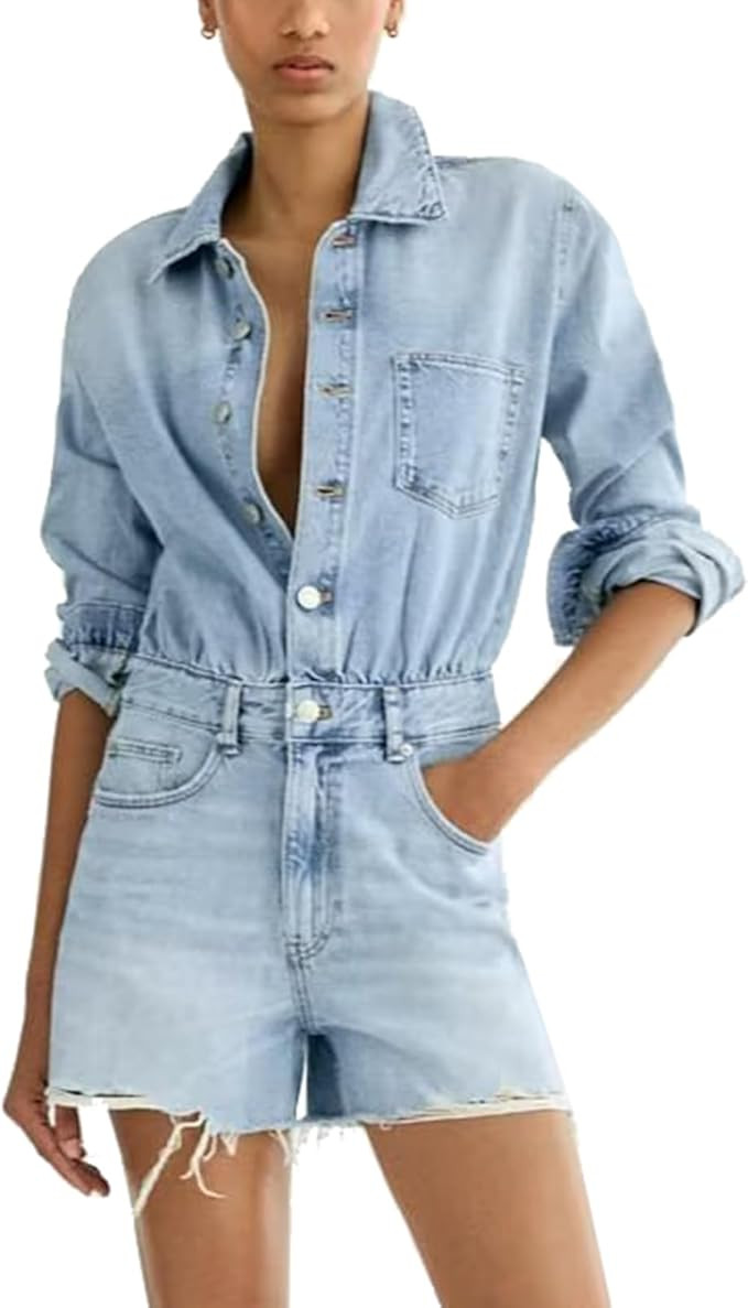 Glkaend Denim Jumpsuit for Women Long Sleeve Jean Jumpsuit High Waisted Slim Fit Button Down Long... | Amazon (US)
